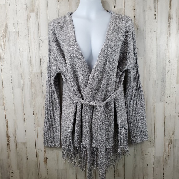 A'reve Womens Cardigan Sweater S M Gray Fringe Ribbed Arms Belted T2 - Picture 1 of 5